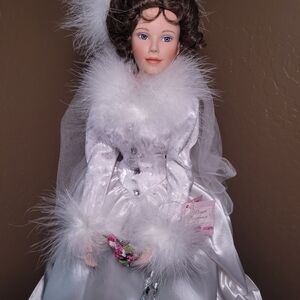 Ashton-Drake Porcelain Bride Doll with White Satin Gown and Feather Trim